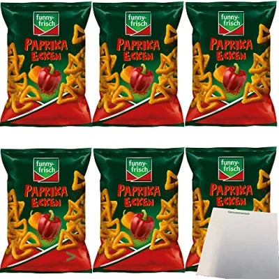 Abbildung von Funny Frisch Paprika Ecken Knabbergebäck pikant würzige Knabberei 6er Pack (6x75g Tüte) + usy Block