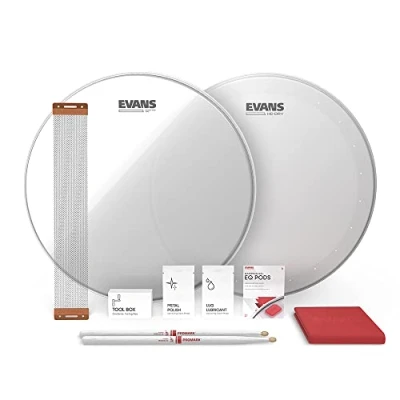 Abbildung von Evans Snare Drum Tune Up Kit, enthält 14 Zoll Trommelfelle, HD Dry and Clear Resonant Drumheads, EQ Pods, Drähte, Drumsticks, Wartungszubehör