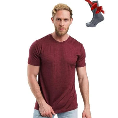 Abbildung von Merino.tech Merinowolle T Shirt Herren 100% Bio Unterhemd Leichte Basisschicht + Wanderwollsocken (Burgundy Wine, XX Large)