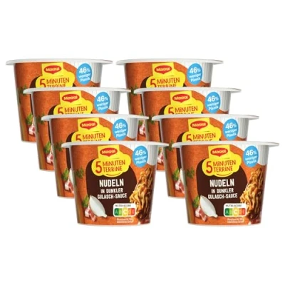 Abbildung von MAGGI 5 Minuten Terrine Nudeln in dunkler Gulasch Sauce, leckeres Fertiggericht, Instant mit herzhaften Rindfleisch Würfeln, 8er Pack (8 x 60g)
