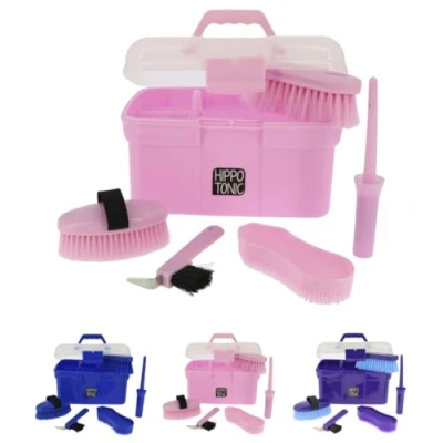 Abbildung von RL24 Kinder Putzbox für Pferde Hippo Tonic Putzkasten mit Hufkratzer, Hufpinsel, Kardätsche &amp; Pferdebürsten Putzkiste in Rosa Putzkoffer Pferdepflege Set 5 teilig