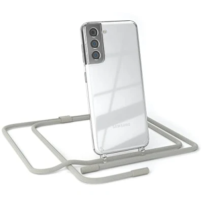 Abbildung von EAZY CASE kombinierbare Handyketten kompatibel mit Samsung Galaxy S21 5G, Transparente Silikon Hülle rundem Umhängeband, abnehmbar durch abschraubbare Endstücke, Schultergurt, Taupe
