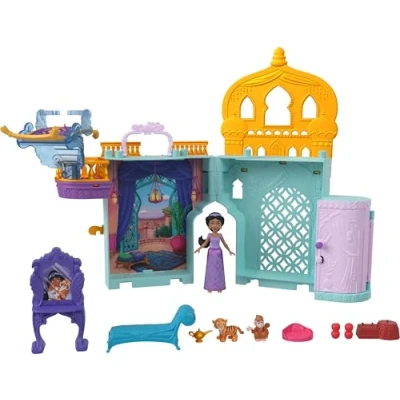 Abbildung von Mattel Disney Prinzessin Jasmins Stapelschloss Puppenhaus Spielset mit kleiner Puppe, 2 Freunden und 8 Teilen, inspiriert vom Film Aladdin“, JDP56