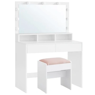 Abbildung von VASAGLE Schminktisch mit 2 Schubladen, 3 offenen Fächern und LED Beleuchtung, Makeup Hocker aus Samt, einstellbare Helligkeit, modern, weiß mattweiß pastellrosa RDT720W01