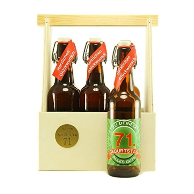 Abbildung von Bier Geschenk 6 er Holz Träger mit Fl. 71. Geburtstag