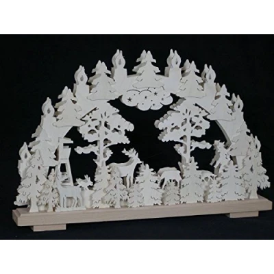Abbildung von Rudolphs Schatzkiste Schwibbogen mit Waldmotiv Jäger Tieren und Beleuchtung BxHxT 50x32x7cm NEU Lichterbogen Fensterbogen Spitzbogen Erzgebirge Seiffen Weihnachten Licht Holz Dekoration
