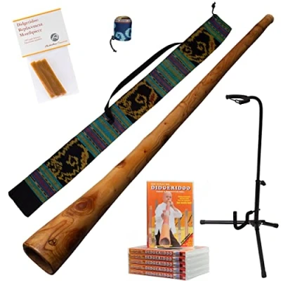 Abbildung von Australian Treasures Didgeridoo Mahagoni PRO Series 147cm inklusive Ikat Tasche, DVD, Bienenwachs, Mundstückabdeckung, Ständer