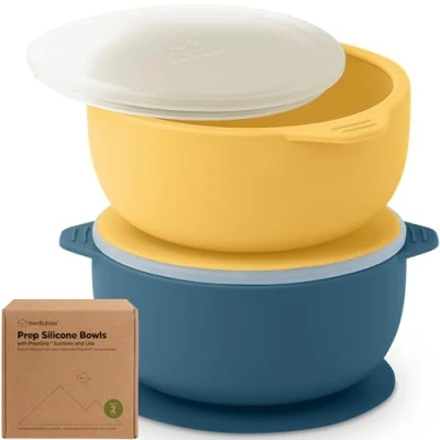Abbildung von KeaBabies 2er Pack Baby Schüssel mit Saugnapf und Deckel Silikon Breischale für Jungen, Mädchen, Kinderschüssel Babygeschirr, Kinderschale, Silikonschüsseln Babynahrung, BPA frei (Valiant)