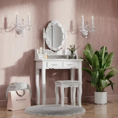 Abbildung von Vicco Schminktisch Maggie, Weiß, 75 cm mit LED Beleuchtung und Hocker
