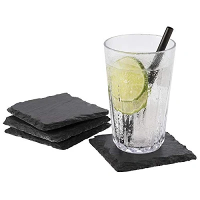 Abbildung von APS Naturschieferplatten 10x10cm, 4er Set Quadratische Tisch Untersetzer/Glas Untersetzer aus Schiefer mit Antirutsch Füßchen