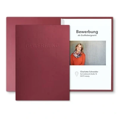 Abbildung von 3 Stück 2 teilige Bewerbungsmappen Bordeaux mit 1 Klemmschiene in feinster Lederstruktur inkl. Versandumschläge im C4 Format Fenster