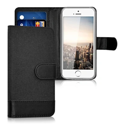 Abbildung von kwmobile Wallet Case kompatibel mit Apple iPhone SE (1.Gen 2016) / 5 5S Hülle Ständer Handyhülle Kartenfächer Anthrazit Schwarz