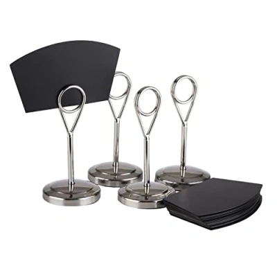 Abbildung von APS Tischkartenhalter 4er Set, Tischkarten, Fotohalter, hochglanzpoliert, inkl. 20 schwarze Beschriftungskarten aus Polypropylen, 5x5 cm, Höhe 15,5 cm