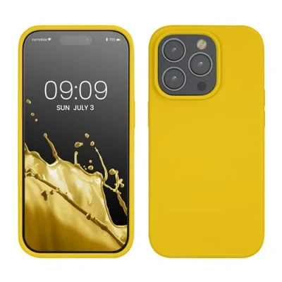 Abbildung von kwmobile Hülle für das iPhone 14 Pro dünnes Silikon Handy Case stoßfeste Handyhülle mit weicher Oberfläche unterstützt kabelloses Laden Strahlend Gelb