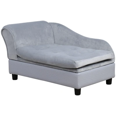 Abbildung von PawHut Tierbett Haustiersofa Hundesofa mit Matte Lagerraum Naturholz+Plüsch Hellgrau, Plüsch, 76B x 45T 43H cm