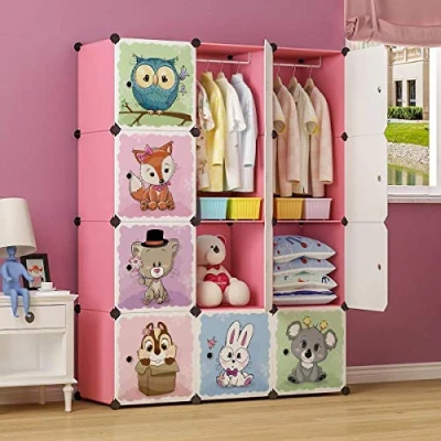 Abbildung von BRIAN &amp; DANY Erweiterbares Kinderregal Kinder Kleiderschrank Stufenregal Bücherregal mit Türen 2 Aufhängern, Tiefere Fächer als Normal (45 cm vs. 35 cm), 110 x 47 147 cm, Rosa