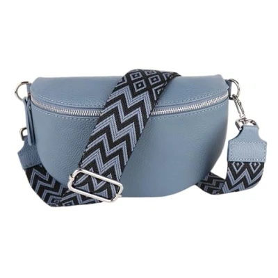 Abbildung von MIRROSI® Bauchtasche Damen, Echtleder, Made in Italy, Umhängetasche, Brusttasche, Crossbody Bag (1 Tasche &amp; 2 Gurte) (Jeansblau (Bohemian Jeansblau Schwarz), Mittelgroße (25x16x7cm))