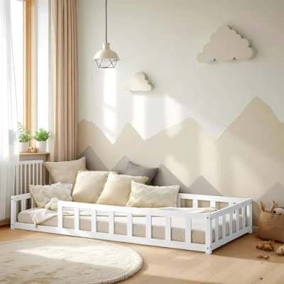 Abbildung von Homestyle4u Bodenbett 90x200 Weiß Montessori Holzbett Kinder Matratze Kinderbett mit Rausfallschutz Lattenrost