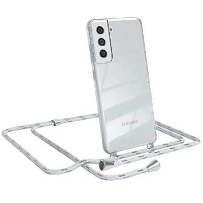 Abbildung von EAZY CASE Handykette kompatibel mit Samsung Galaxy S21 FE 5G Handyhülle Umhängeband, Handykordel Schutzhülle, Silikonhülle, Hülle, Stylische Kette für Smartphone, Weiß/Silber