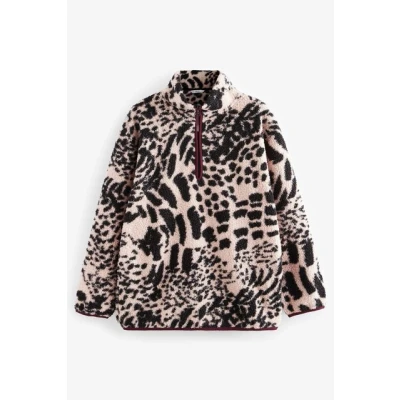 Abbildung von Next Outdoor Teddy BORG Quarter ZIP Fleecepullover, Damen, Größe: Large, Animal print leopard