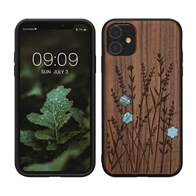 Abbildung von kwmobile Hülle kompatibel mit Apple iPhone 11 Holz Case Handy Cover TPU Handyhülle in Dunkelbraun Perlmutt Lavendel