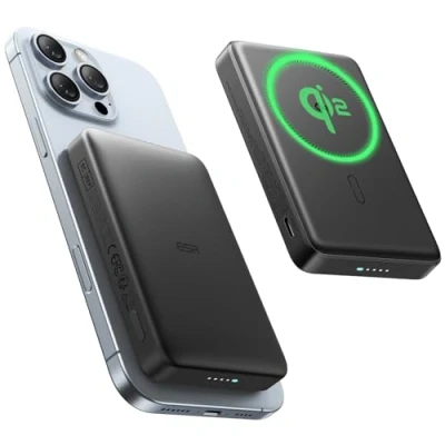 Abbildung von ESR Qi2 zertifiziertes MagSafe Power Bank, 10.000mAh 15W Schnelles Tragbares Ladegerät, kompakte Powerbank, Ladegerät mit USB C Kabel für iPhone 16/15/14/13/12, Schwarz