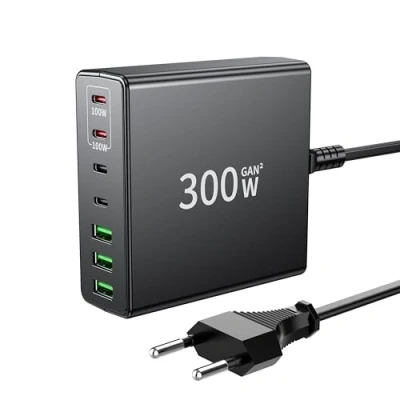 Abbildung von FINIBO USB c ladegerät 300W: 7 Ports schnellladegerät mehrfach mit 4 und 3 A, Dual PD PPS Charger für MacBook Pro/Air,iPad Pro/Air,Sumsung (Schwarz)