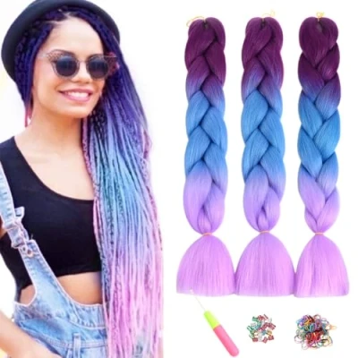 Abbildung von ShowJarlly Kanekalon Kunsthaar Haar, Haar Braids Extension, Ombre Jumbo Braid Haarverlängerung 24&quot;, Zöpfe Box Zum Einflechten Lila/Marineblau/Hellviolett
