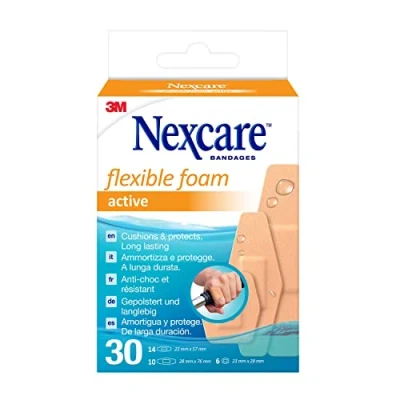 Abbildung von Nexcare Active Flexible Foam Pflaster, Verschiedene Größen, 30 Pflaster pro Packung, Atmungsaktive und wasserfeste für kleine Wunden Kratzer, Erste Hilfe Kits