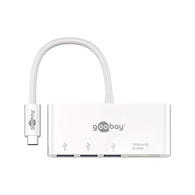 Abbildung von Goobay 62097 USB C Multiport Adapter mit drei 3.0 Anschlüssen + Card Reader für SD / MMC und microSD Speicherkarten auf 3x A Kartenlesegerät