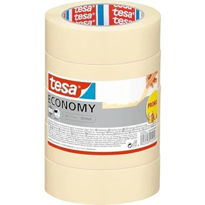 Abbildung von tesa Malerband ECONOMY Vielseitiges Klebeband für Malerarbeiten ohne Lösungsmittel Bis zu 4 Tage nach Gebrauch rückstandslos entfernbar (50m x 30mm 5 Rollen, Single)