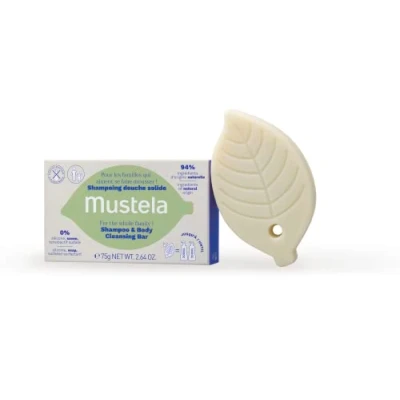 Abbildung von Mustela Vegan Shampoo und Cleanser Solid, mit Oliven Avocadoöl, Körper Haar, Kinder ab 3 Jahren die ganze Familie Sanfte Reinigung, 94% Inhaltsstoffe natürlichen Ursprungs (75g)