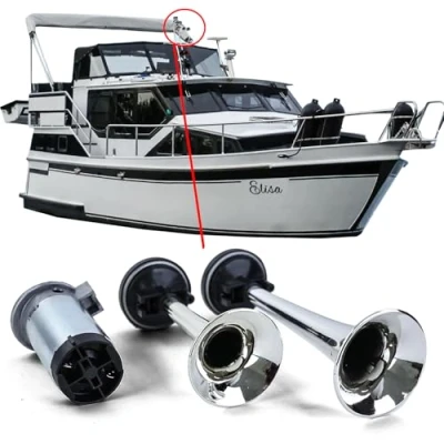Abbildung von 2 Klang Boots Fanfare CHROM Hupe mit Kompressor 12 Volt