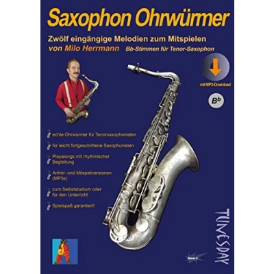 Abbildung von Saxophon Ohrwürmer Noten für Tenor Sax mit Begleitstimmen &amp; MP3s: Hörbeispiele und Playalongs: Zwölf eingängige Melodien zum Mitspielen MP3 Download