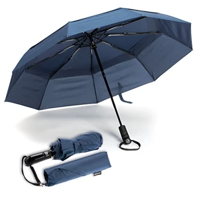 Abbildung von Ergonauts Reise Regenschirm, Winddicht, belüftet, mit doppeltem Schirmdach Teflon Beschichtung, ergonomischem Griff und Schutzhülle. Tragbar, kompakt, faltbar leicht (Marineblau)