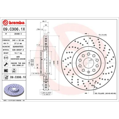 Abbildung von BREMBO 09.C306.1X Bremsscheibe 340 30 9 gelocht/innenbel. beschichtet hochgekohlt mit Schrauben VOLKSWAGEN: Passat B8 Variant, Tiguan II kfzteile,