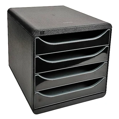 Abbildung von Exacompta 3104214D Premium Ablagebox mit 4 Schubladen für DIN A4+ Dokumente. Belastbare Schubladenbox hoher Kapazität mehr Platz auf dem Schreibtisch Big Box Glossy SchwarzGrau