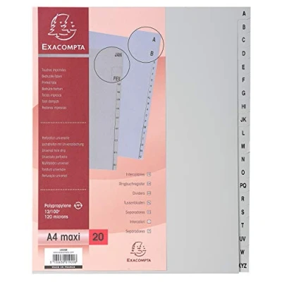 Abbildung von Exacompta 1920E Kunststoff Register A Z für DIN A4 MAXI aus recyceltem 20 teilig volle Höhe 24 x 29,7 cm grau mit bedruckten Taben Universallochung Blauer Engel Trennblätter Trennstreifen