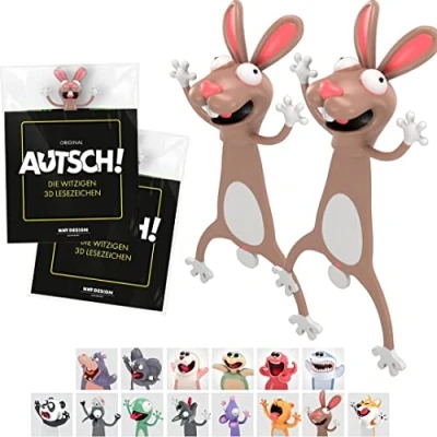 Abbildung von KXT Witzige 3D Lesezeichen Original AUTSCH! Cartoon Tiere Lustiges Geschenk für Kinder und Erwachsene (2x Hase/Osterhase)
