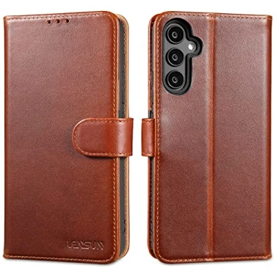 Abbildung von LENSUN Handyhülle für Samsung Galaxy A34, Echtleder Hülle Klappbar [Kartenfach][RFID Schutz][Standfunktion] Handytasche Flip Lederhülle A34 5G Dunkelbraun