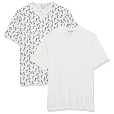 Abbildung von Amazon Essentials Herren Kurzärmliges T Shirt mit V Ausschnitt in normaler Passform (in Übergrößen erhältlich), 2er Pack, Weiß/Ananasaufdruck, S