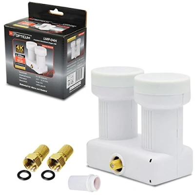 Abbildung von Monoblock SINGLE LNB 0,1 dB Doppel DIGITAL SET 1 Teilnehmer Direkt 2 Sat Astra 19,2 Hotbird 13 LMB LNC FULL HD TV 3D Ultra 4K SKY + Gummitülle x F Stecker vergoldet OPTICUM / GLOBO DiSEqC integriert