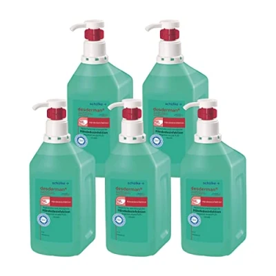 Abbildung von Schülke Desderman 5 x 1000 ml Hyclick Händedesinfektionsmittel Desinfektionsmittel mit integriertem Pumpspender