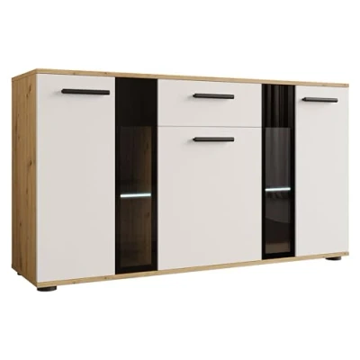 Abbildung von Mirjan24 Kommode Salsa Anrichte Highboard Sideboard Schrank Naturtöne Mehrzweckschrank Wohnzimmerschrank, (mit Blauer LED Beleuchtung, Eiche Artisan/Weiß)