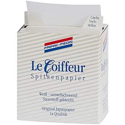 Abbildung von Fripac Medis Le Coiffeur Spitzenpapier Spenderpackung mit Patentöffnung Blattgröße 75 x 55 mm weiß umweltschonend sauerstoffgebleicht, 2er Pack (2 500 Blatt)