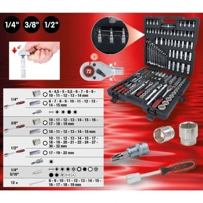 Abbildung von KS TOOLS 917.0216 Steckschlüsseleinsatz Set 216 Sechskant Chrom Vanadium Stahl 1/2, 1/4, 3/8 mit Ratschenfunktion Vierkant