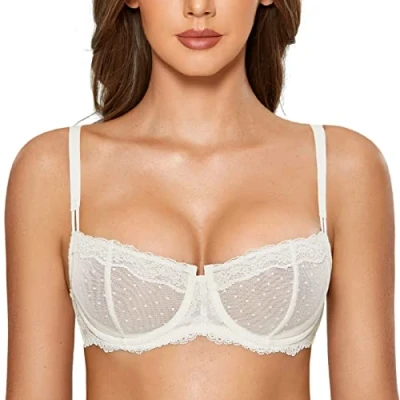 Abbildung von DOBREVA Balconette BH Damen mit Bügel Push Up Dirndl Spitze BHS Sexy Grosse Grössen Ungefüttert Elfenbein#New 75D