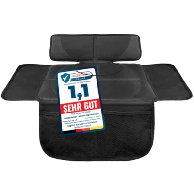 Abbildung von LIONSTRONG® Kindersitzunterlage Autositzschoner [ISOFIX GEEIGNET] wasserabweisender Polyester Stoff Sitzschutz Sitzschoner Auto Kindersitz universell kompatibel (Schwarz, klein)