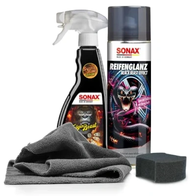 Abbildung von Sonax Reifen Glanz Set Special Edition mit Felgenreiniger und Tuch Reifenpflege, Mikrofasertuch Applikatorschwamm