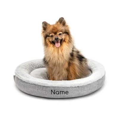 Abbildung von lionto Hundekörbchen rund in Donut Form, Ø 55 cm, Heimtierkissen für Hunde &amp; Katzen mit waschbarem Bezug Anti Rutsch Noppen, kuscheliges Hundebett aus Oxford Leinen Plüsch, grau (Namensaufdruck)